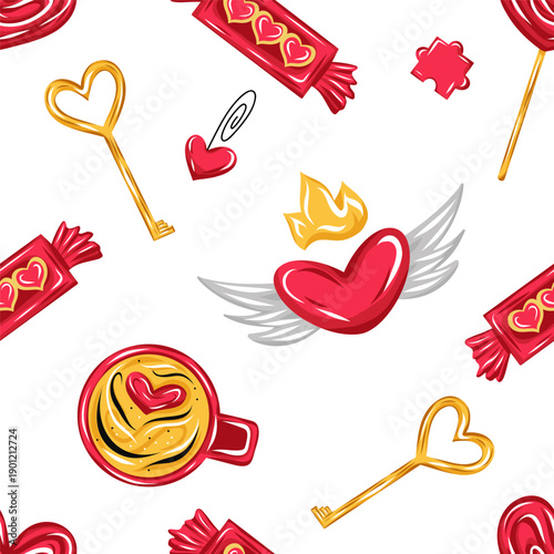 Seamless Valentine pattern with winged hearts, golden keys, candies and coffee cup. Vector. Colorful romantic illustration for love designs, wrapping paper, cards, textiles, and wallpapers, stationery