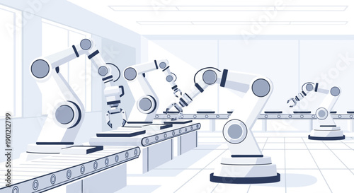Robotic arms work on a production line in an industrial setting with machinery and equipment.