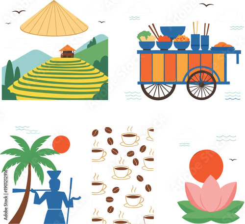 Traditional Vietnamese culture vector illustrations featuring terraced rice fields food carts and iconic cultural symbols।