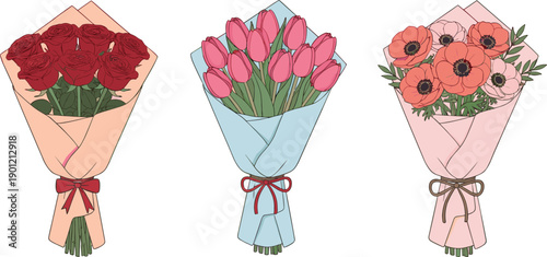Set of Beautiful Flower Bouquets Featuring Red Roses Pink Tulips and Anemones in Decorative Gift Wrapping for Romantic Occasions Weddings and Floral Shop Designs