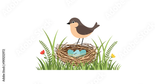 Brown bird carefully watching over its straw nest with three distinct blue eggs, nestled in vibrant green grass.