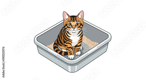 Adorable Bengal kitten with striking striped fur sitting comfortably inside a clean litter box filled with fresh litter.