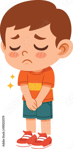 Flat vector illustration of a boy character with a shy facial expression. Suitable for emotion visuals, children education, social emotional learning, gentle emotion themes, stickers, posters.