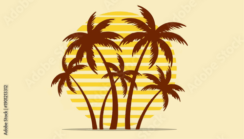 Palm trees against the background of the sun in retro style. Tropical palm trees at sunset in 80s style