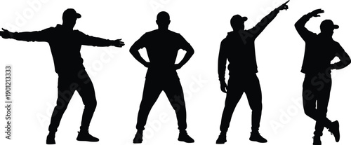Male dancing silhouettes set, street dance poses men standing pointing freestyle moves, hip hop urban performance vector illustration collection black figures isolated