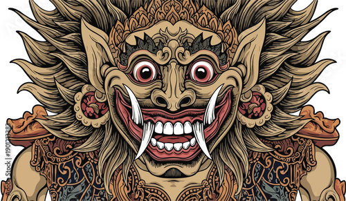 Ornate Barong mask illustration showcasing intricate details of Balinese culture and traditional craftsmanship in a graphic representation