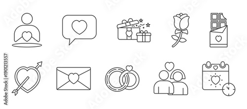 Valentine icon set collection in outline style. Icon pack contains heart, love, gift, rose, chocolate, cupid arrow, love letter, ring, couple, romantic calendar
