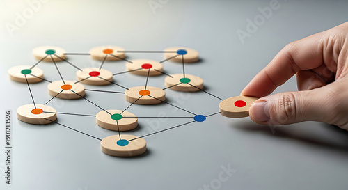 Hand interacting with network connection puzzle pieces
