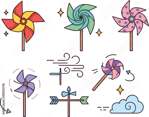 Colorful vector illustrations of colorful toy pinwheels wind vanes and wind symbols for weather concepts।