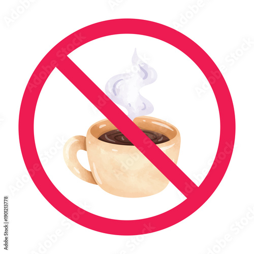No hot drink sign, hot drink restriction sign, no coffee sign, forbidden sign with coffee cup icon, do not drink hot beverage symbol, vector illustration
