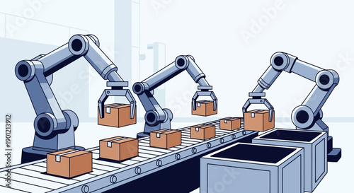 Robotic arms efficiently pack boxes on a conveyor belt in a factory setting.