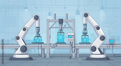 Robots assemble products on factory conveyor belt with machinery