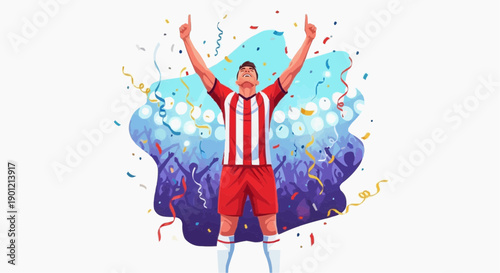 Soccer player in red striped jersey celebrating victory with confetti and cheering crowd