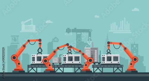 Robotic arms assemble cars on a factory production line at night.