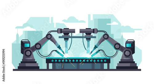 Robotic arms welding on a factory assembly line with industrial machinery