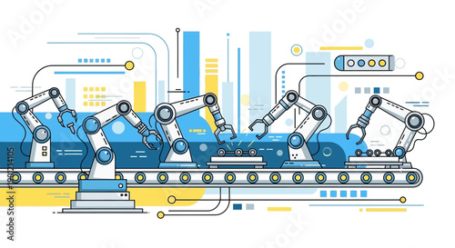 Robotic arms assemble products on a futuristic factory production line with machinery and equipment