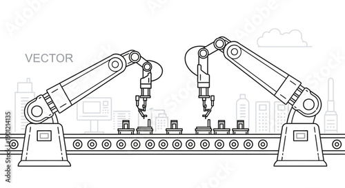 Two robotic arms assemble products on a conveyor belt in a factory