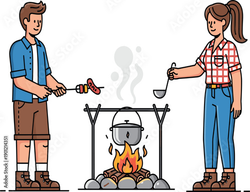 Campfire cooking, outdoor adventure, rustic meal, wilderness lifestyle, hiking food, nature travel, forest camping, friends cooking, fire pit, steaming pot