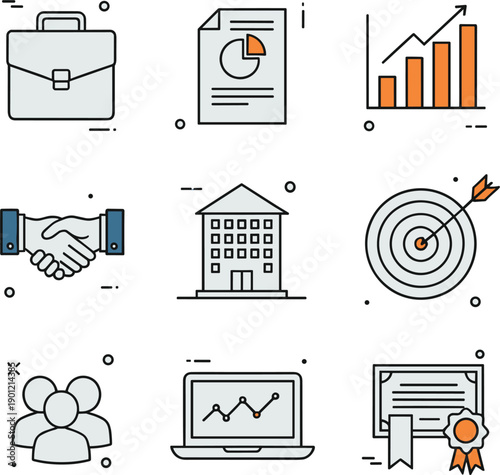 Professional business icons set featuring growth charts handshake target and corporate management symbols for presentations।