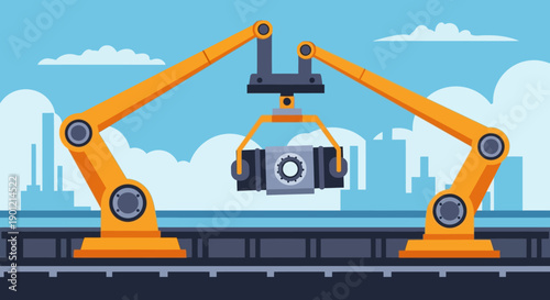 Industrial robots assemble a camera on a production line in a factory