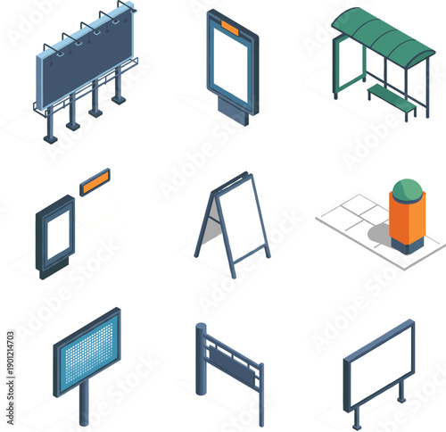 Isometric vector illustrations of modern outdoor billboards bus stops and street advertising displays for marketing concepts।