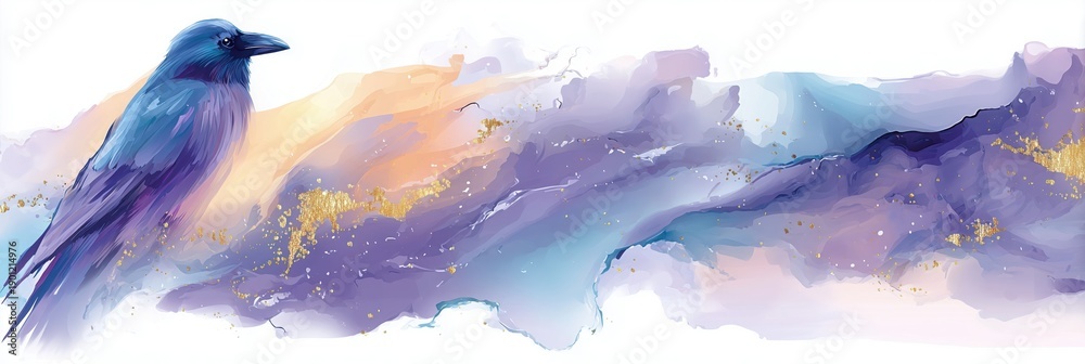 Naklejka premium Illustration of raven bird in soft watercolor style with abstract flowing background, elegant artistic wildlife composition, isolated on a white background