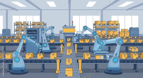 Robotic arms assemble products on conveyor belt in industrial factory setting