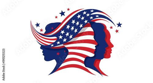 Vector illustration of a patriotic design featuring the silhouettes of two people's heads adorned with flowing American flag and stars on President's Day.
