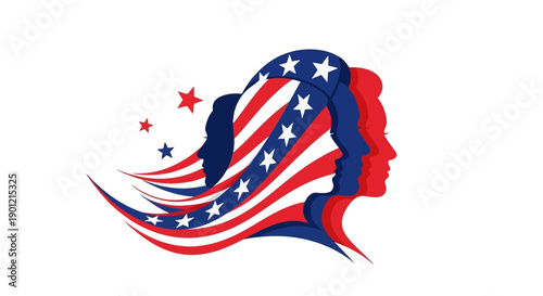 Vector illustration of a woman's head in profile with flowing hair designed as the American flag on President's Day.
