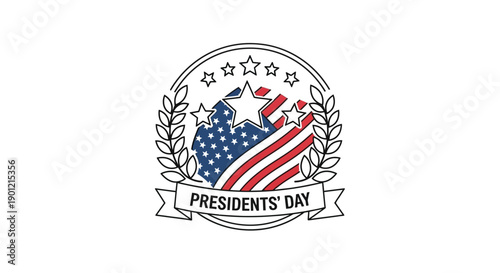 Vector illustration of a Presidents' Day emblem featuring the American eagle and flag, surrounded by stars and laurel wreaths on a white background.