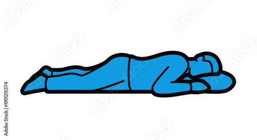 Blue Outline Vector Icon of Person Lying Down (Prone Position). Sleep, Rest, Exhaustion, Stress Symbol Isolated on White.