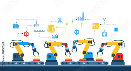 Industrial robots working on a production line with various tools and equipment