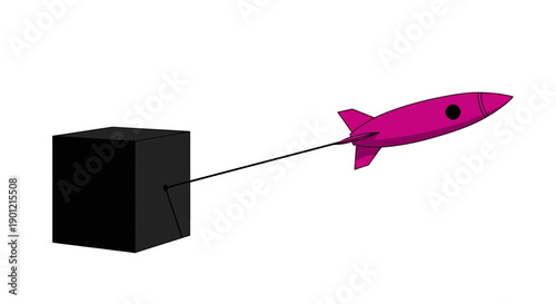 Pink Rocket Tethered to a Black Cube: Limitation, Restriction, and Obstacle Concept Illustration for Progress and Freedom Metaphor