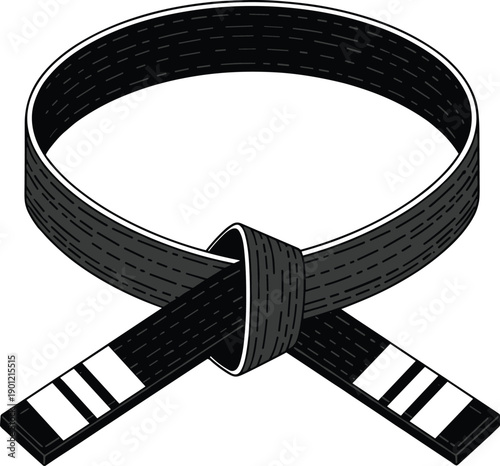 Martial arts black belt illustration symbolizing karate judo achievement, discipline and mastery, traditional belt tied knot, black and white vector icon design