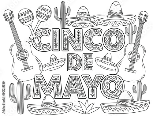 Cinco de Mayo Coloring Page: Mexican Fiesta Elements, Guitars, Sombreros, Cacti, Maracas