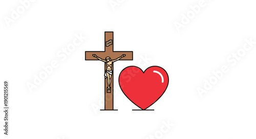 Symbolic Christian crucifix with the figure of Jesus beside a vibrant red heart, representing faith and divine love and