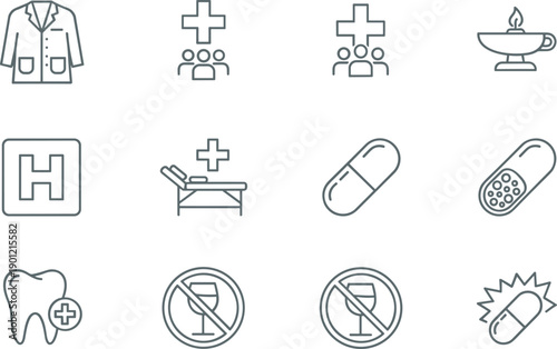 Healthcare icons, medical symbols, hospital graphics, patient care visuals, dental health, medication, nursing, wellness, diagnostics, prohibition signs