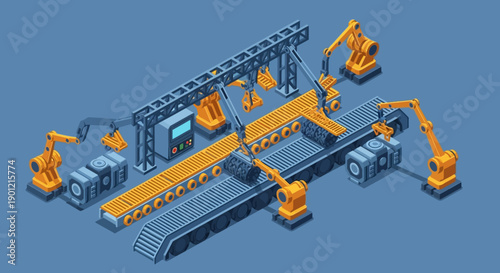Industrial robotic arms operate on a conveyor belt system in a modern manufacturing facility