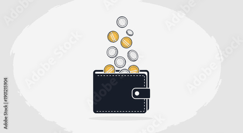 Illustration of coins falling into a wallet, symbolizing financial gain and savings