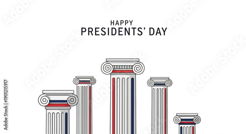 Illustration of a Presidents' Day graphic design featuring column icons with American flag colors and an eagle symbol on a white background.