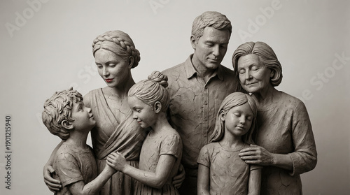 A multi-generational family sculpture depicts love and connection between parents, children, and grandparents.