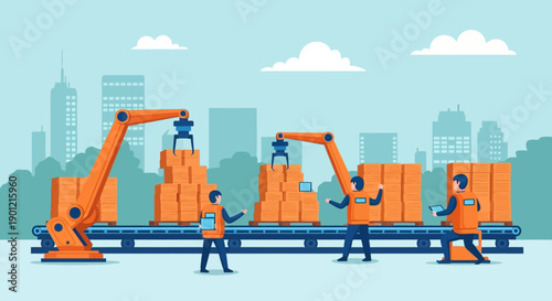 Industrial workers and robotic arms working together in a warehouse with a cityscape background