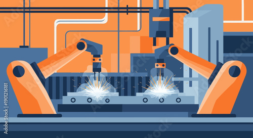 Robotic arms welding metal components in a modern industrial factory setting