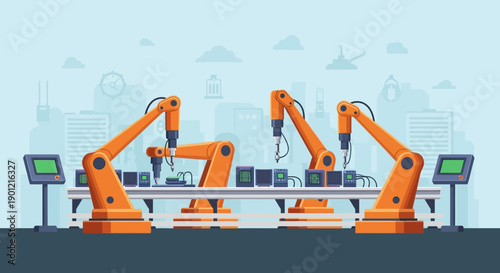 Automated assembly line with robotic arms in a modern factory