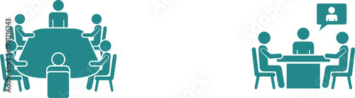 Business meeting and video conference icons representing teamwork collaboration office communication remote work vector illustration flat design