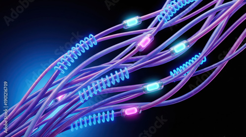 Abstract close-up of glowing neon data cables with digital connection and technology concept.