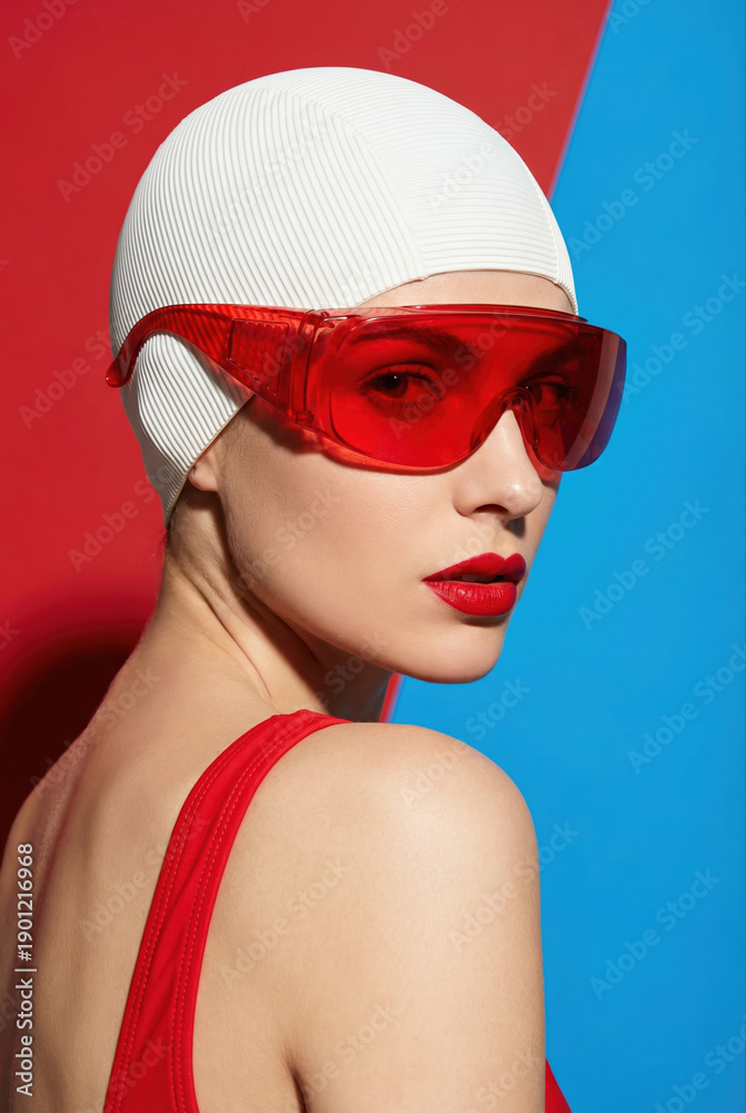 Fototapeta premium Bold fashion photography of a woman in swim gear showcasing high fashion and red lip makeup.