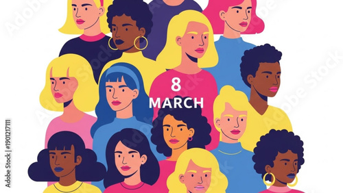 Diverse group of women celebrating international women's day on march 8th with colorful illustration