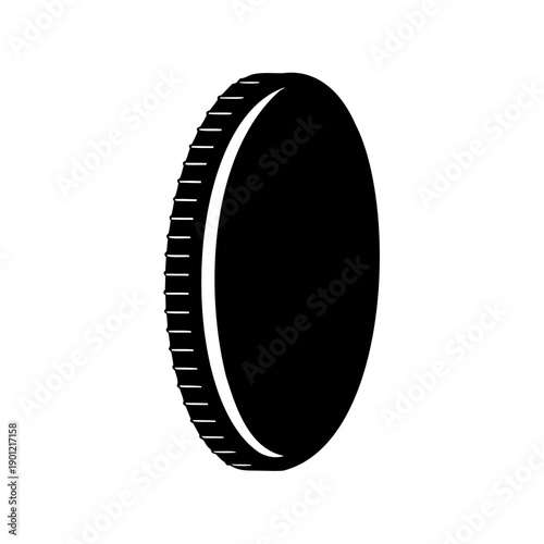 A minimalistic black and white illustration of a coin on its side