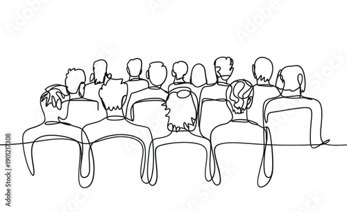 Continuous line drawing depicts a group of people seated in chairs